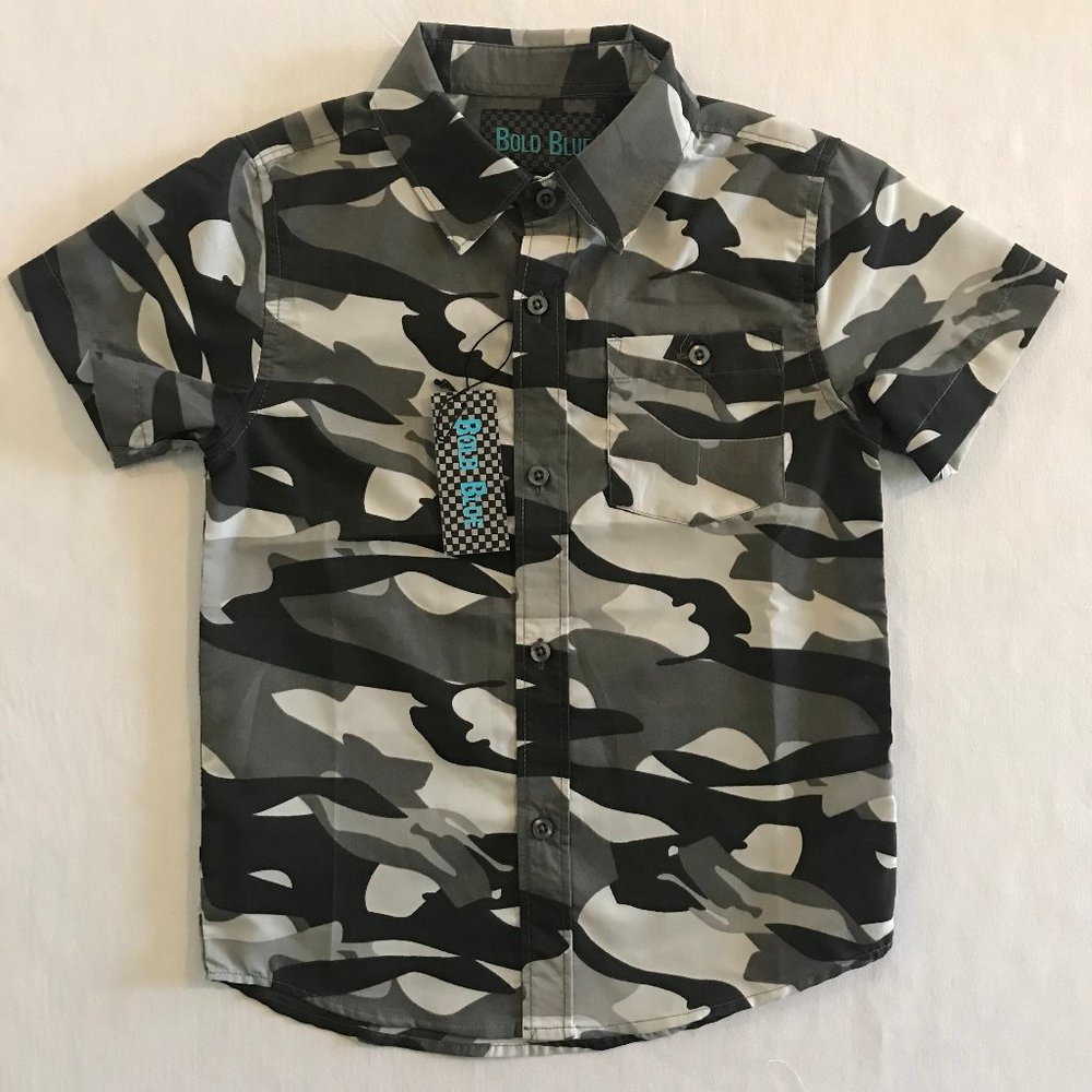 Bold Blue Gray Camo Button Down Shirt, Size 5